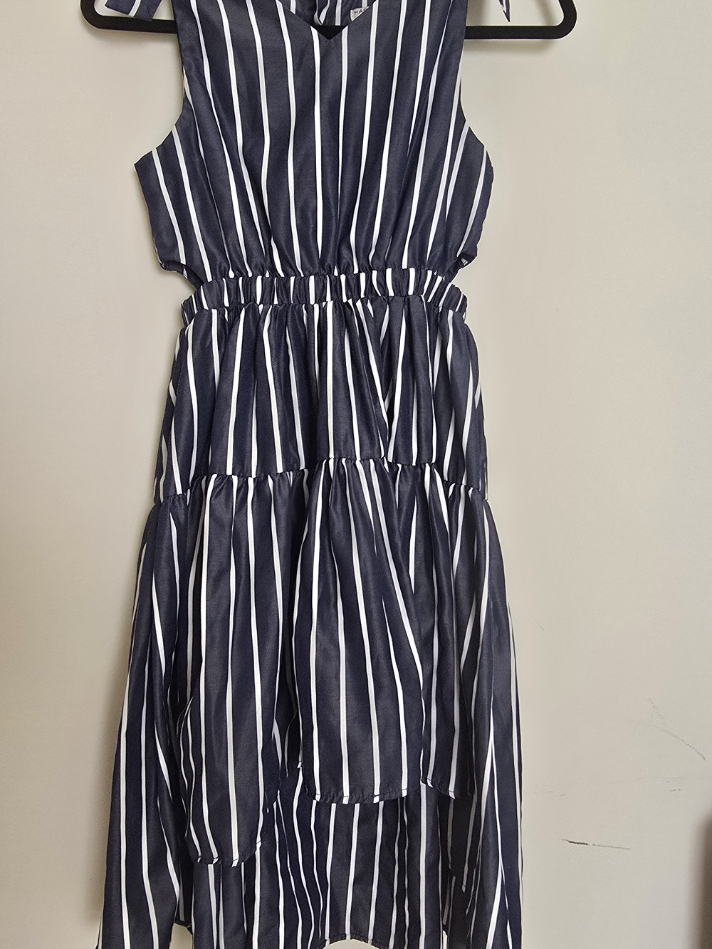 Habitual Navy and White Vertical Stripe Tiered Dress
